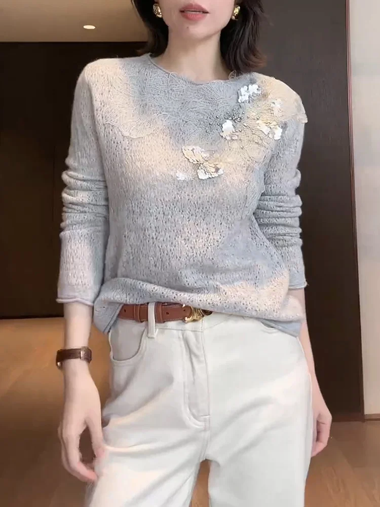 

Светло-голубой вязаный свитер с 3D-цветами и длинными рукавами, женская повседневная облегающая кофта для ношения под одеждой, осенняя новинка