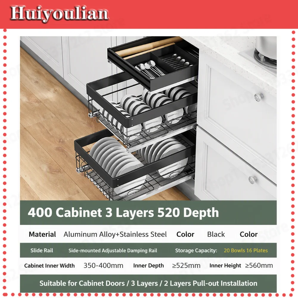 3-Tier Stainless Steel Pull Out Drawer Basket 52cm Deep Kitchen Cabinet Organizer for Utensils Spices Pots and Pans