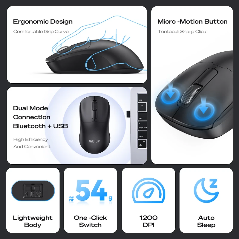 MEIZU mblue Wireless M205 Mouse Dual Mode Bluetooth&USB Mouse 1200DPI Mute Buttons Lightweight Mouse For MacBook Windows Laptop