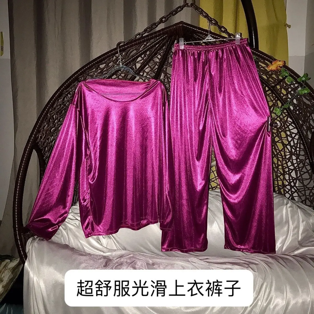 Spring Autumn Glossy 2 Pieces Sets Sports Fitness Tops Pants Plus Size Sleeping Pajamas