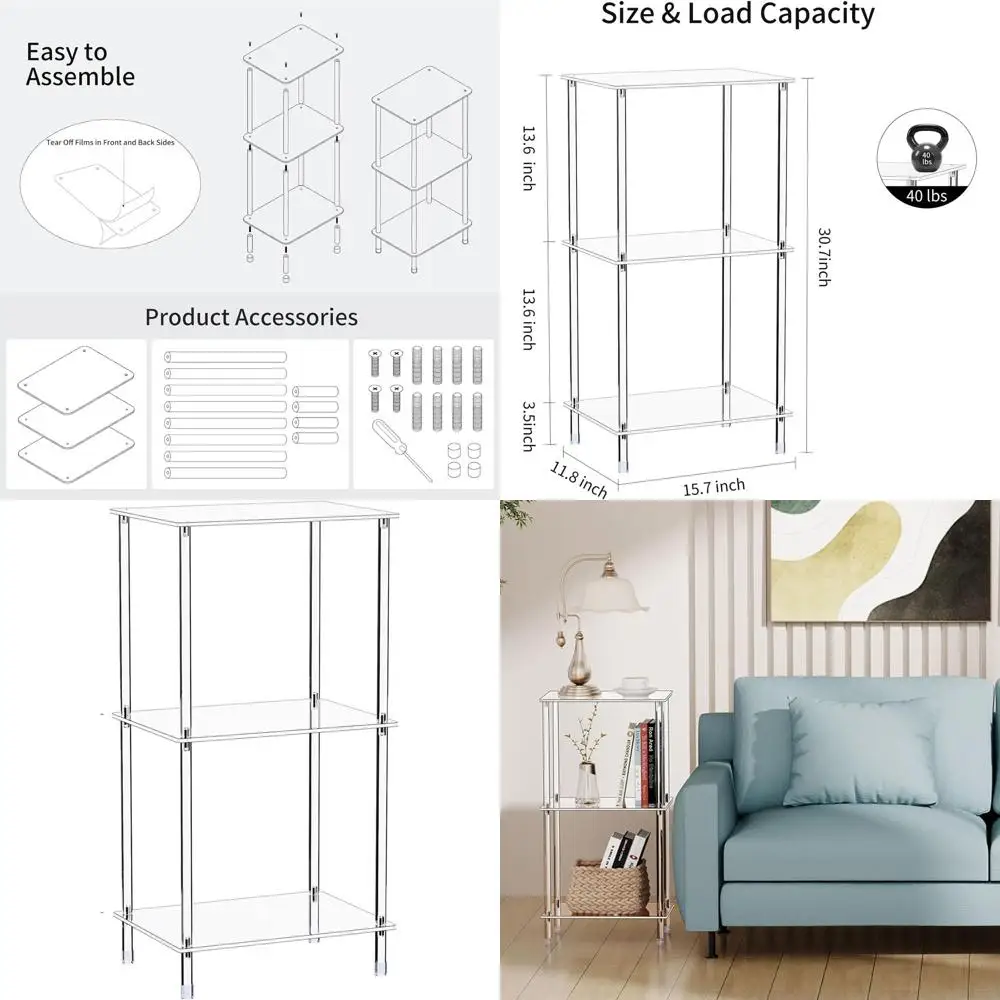 

15.7x11.8x30.7 Modern 3-Tier Acrylic Side Table for Living Room and Bedroom, Sleek Home Decor Accent Furniture