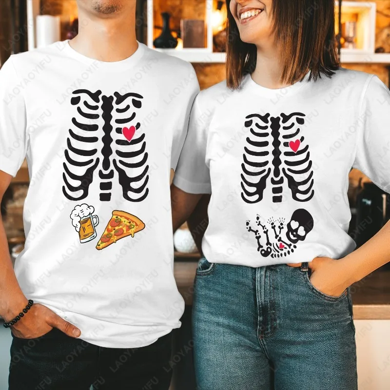 Beer and Pizza Skeleton Ribcage Halloween Maternity T-Shirt Couple Matching Tops High Quality Men Woman Cotton Short-sleeve Tees