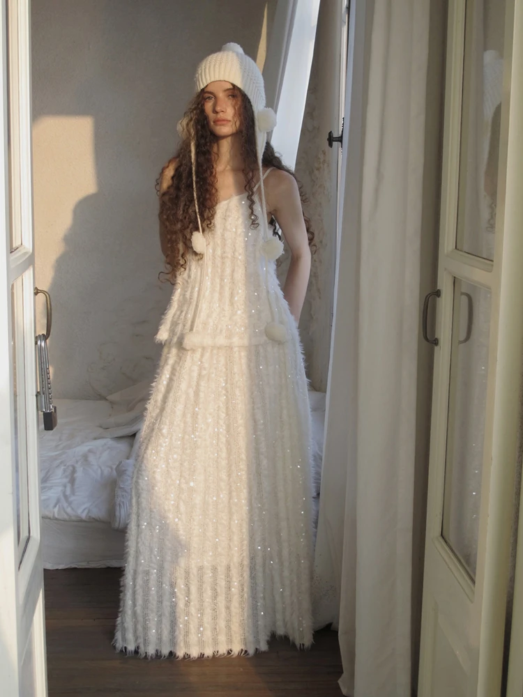 

Cariedo Cloud Weave Dr Sequin iny Furry Feather Fabric Strap Top f Skirt Faion Set for Women Commute Sle Winter C...