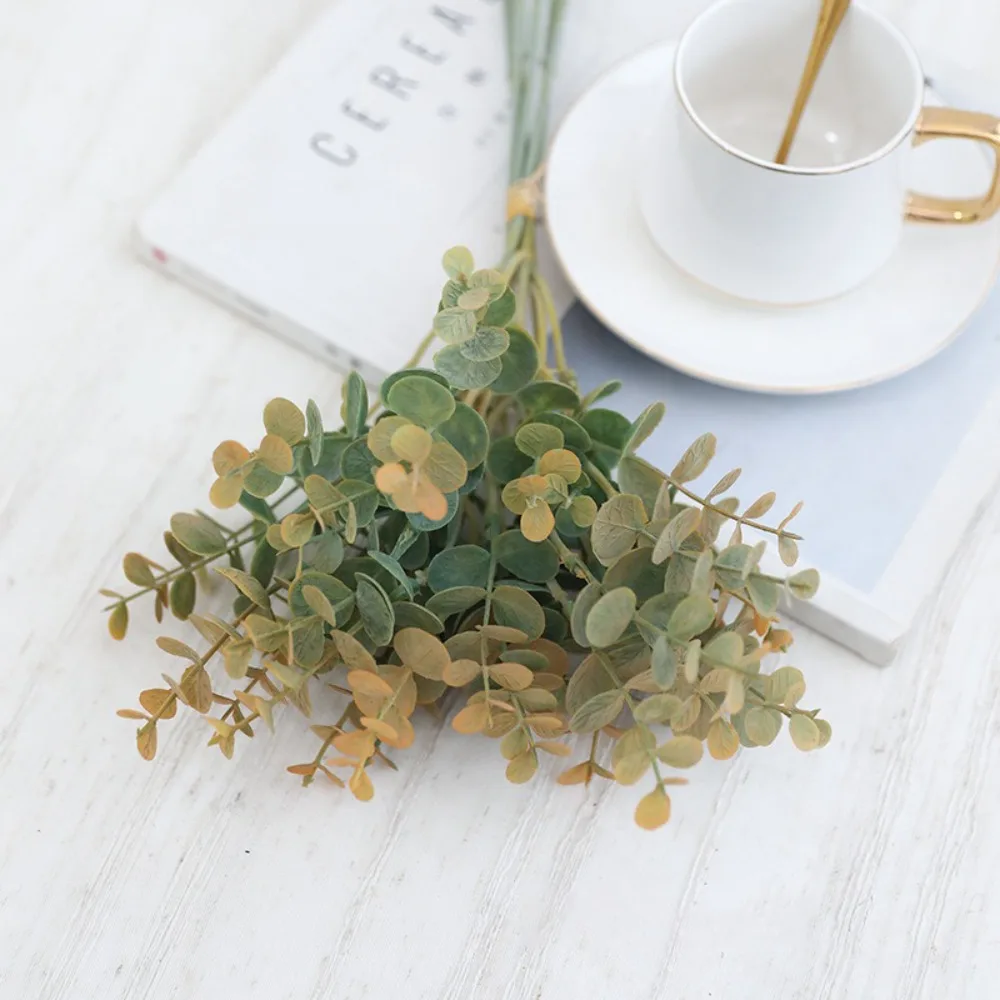 Plastic Material Artificial Eucalyptus Leaves 6 Pieces Lot Fake Flowers Simulated Eucalyptus Flowers Bouquet Leaves Leaf Stems