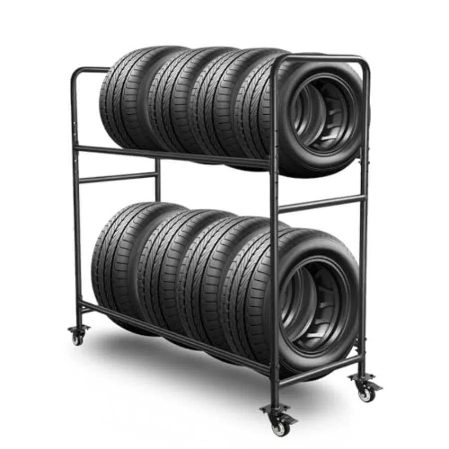 

Tire Rack Heavy Duty Steel on Wheels 60 x 59 x 21 Adjustable Garage Warehouse Storage Rack for Tires and Firewood Black