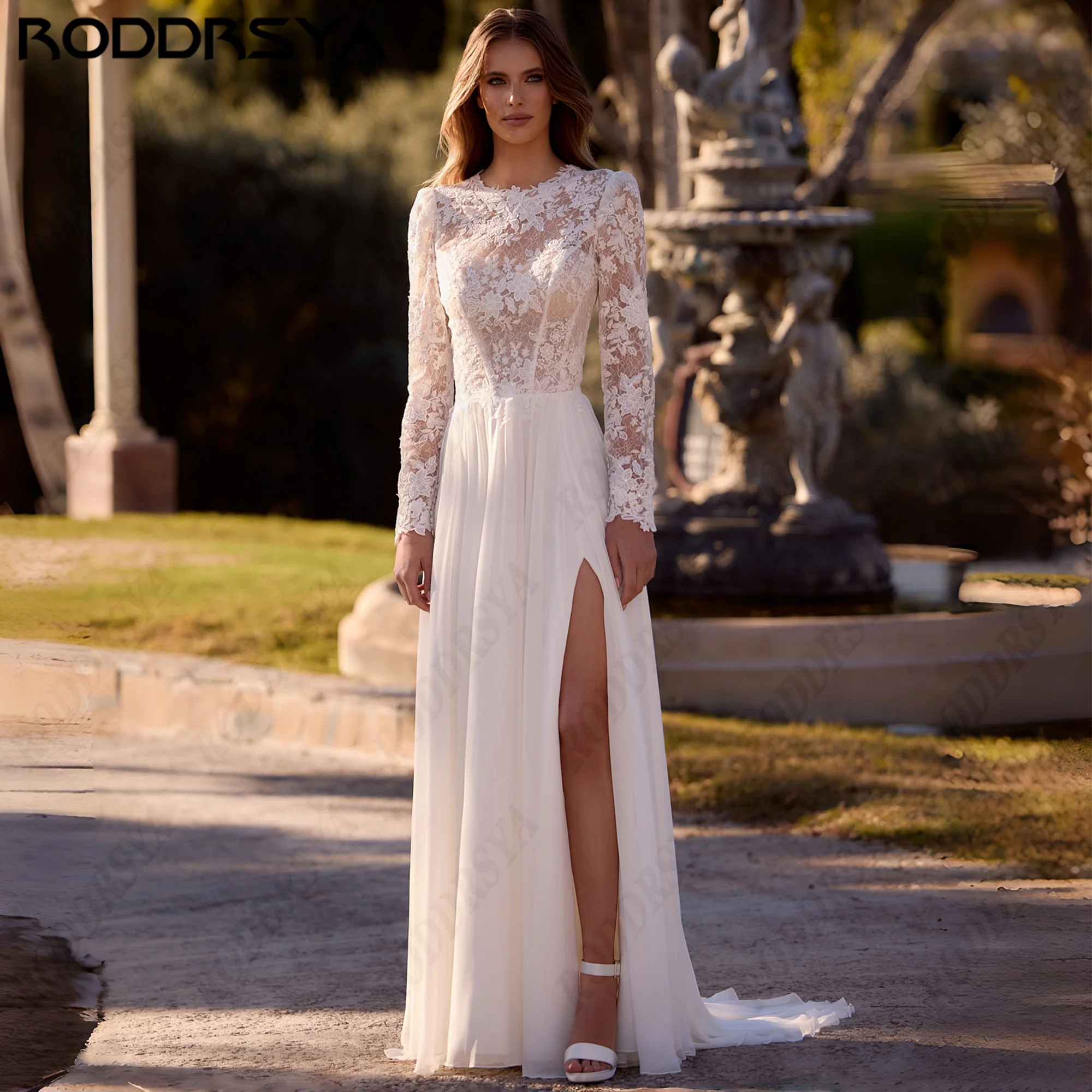 RODDRSYA Customized Boho Chiffon A Line Bridal Gown Round Neck Floral Lace Bride Dress Long Sleeves Slit Backless Wedding Dress