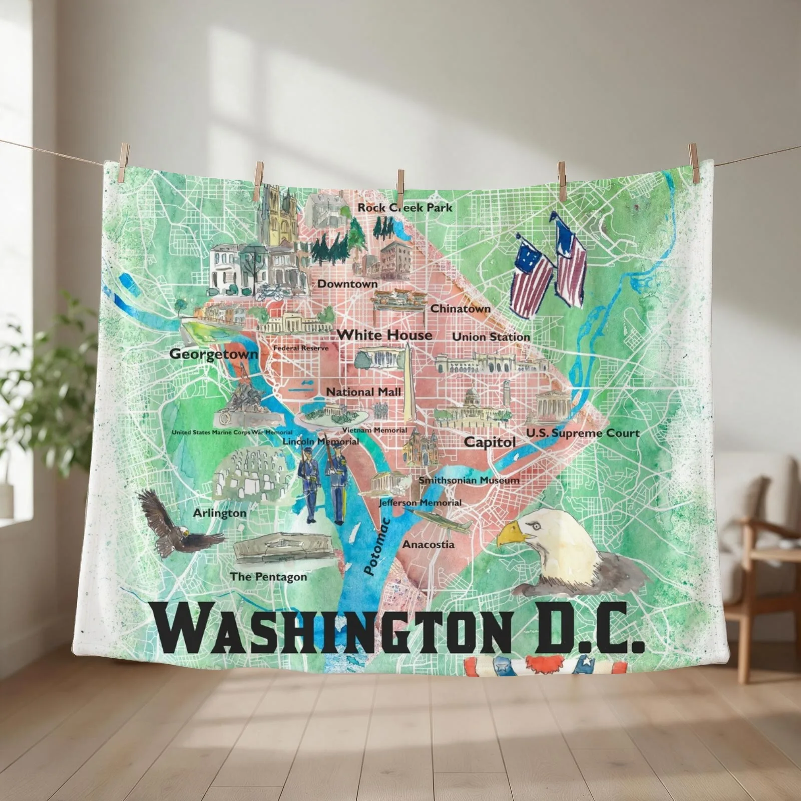 Washington DC USA Illustrated Map with Main Roads Landmarks and Highlights Throw Blanket Plaid Kid'S manga Blankets