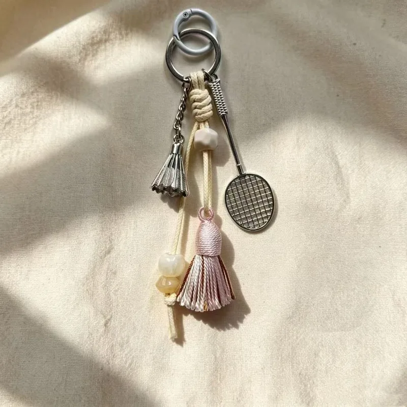 Mini Badminton Racket Keychain Hand Woven Tassel Beaded Bag Pendant Sports Fans Car Key Ring Ethnic Braided Rope Decor Gift
