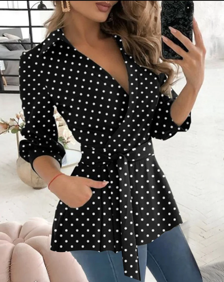 Femme Blouses 2025 Spring/Summer Commuter Elegant Long Shirt Fashion New Printed Solid Color Top Long Sleeved Lapel Belt Shirt