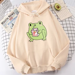 Cute Strawberry Milk Frog Metal Print Male Sweatshirt Fashion Hooded Oversized Casual Hoodies Autumn Fleece Soft Streetwear