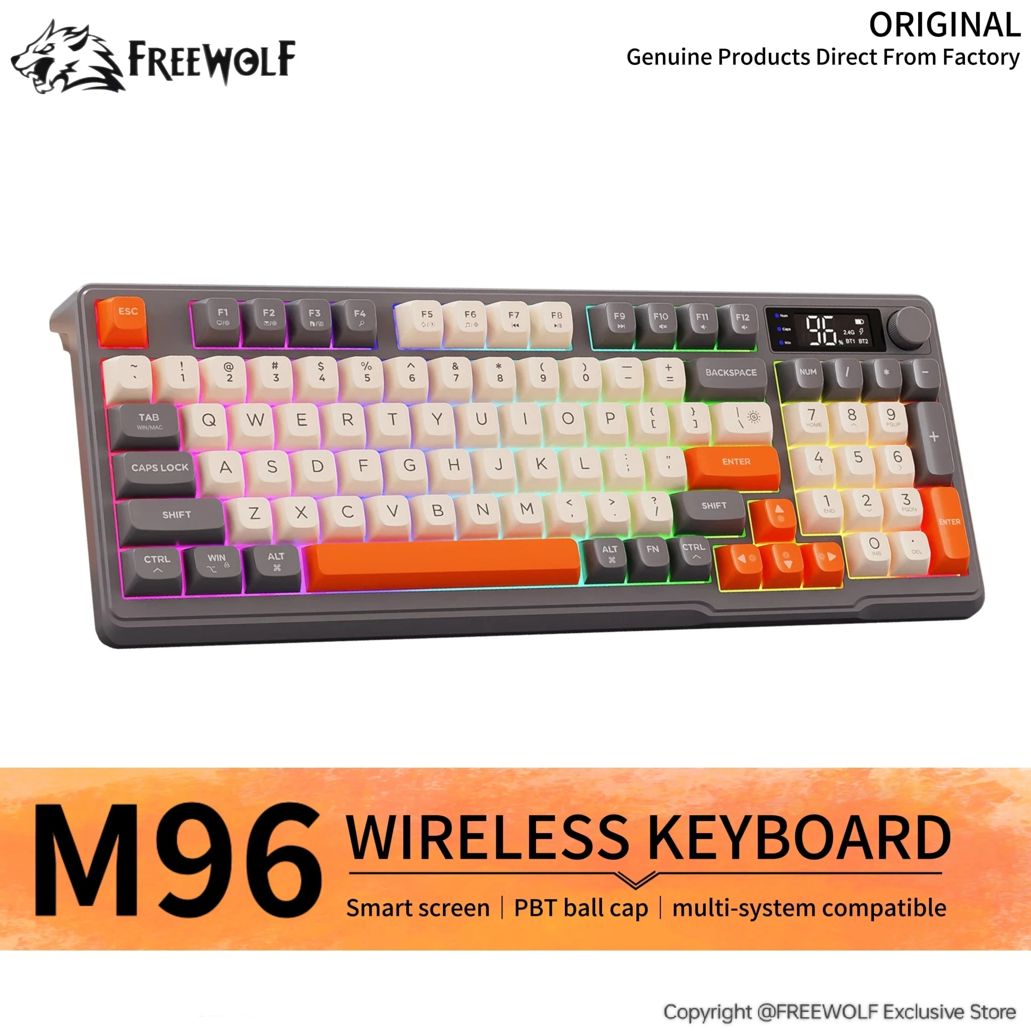 FREEWOLF M96 Wireless Dual-mode Keyboard,2.4G & BT,Digital Display,Built-in Battery and Long-lasting Battery Life