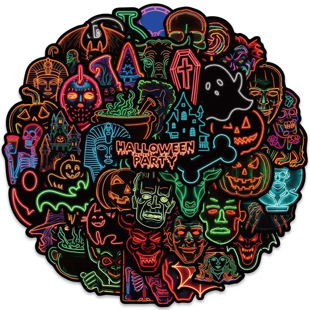 50pcs Cool Cartoon Neon Style Halloween Stickers Graffiti for Laptop Phone Guitar Luggage Skateboard Waterproof Vinyl Decals