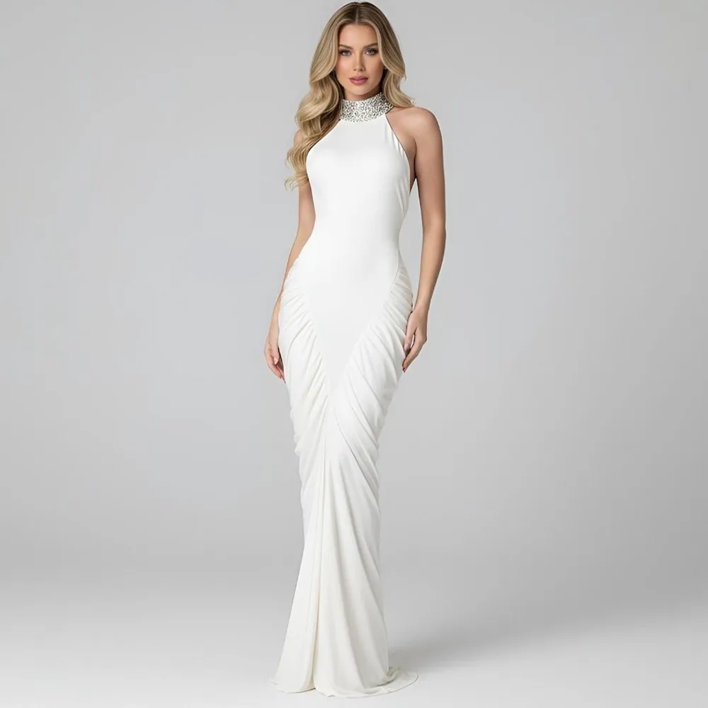 Blifanbo moda Halter espalda descubierta Sexy Maxi vestido elegante plisado cintura alta Split ceñido al cuerpo fuera del hombro Club vestido de fiesta