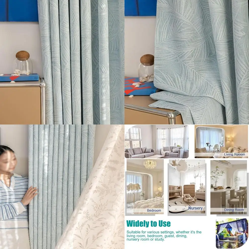Zestaw zasłon zaciemniających, 2 sztuki, długość 228 cm, panele okienne do sypialni, żakardowy szenil w jasnoniebieskie liście, z haczykami, idealne do