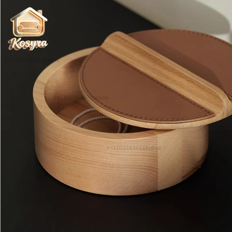 Premium Round Organizer Box with Lid Solid Wood Lipstick Jewelry Holder Desktop Decorative Tray Vanity Table Storage Case