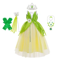 Summer Tiana Princess Dress Girl Green Dress Children Cosplay Beauty Flower Fairy Clothes Children Halloween Performance Costume