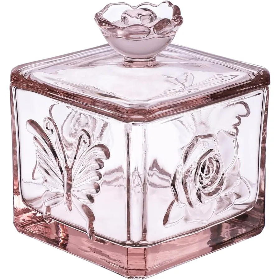 جرة حلوى زجاجية منقوشة بالورود والفراشات، جرة طعام من الزجاج الملون مع غطاء