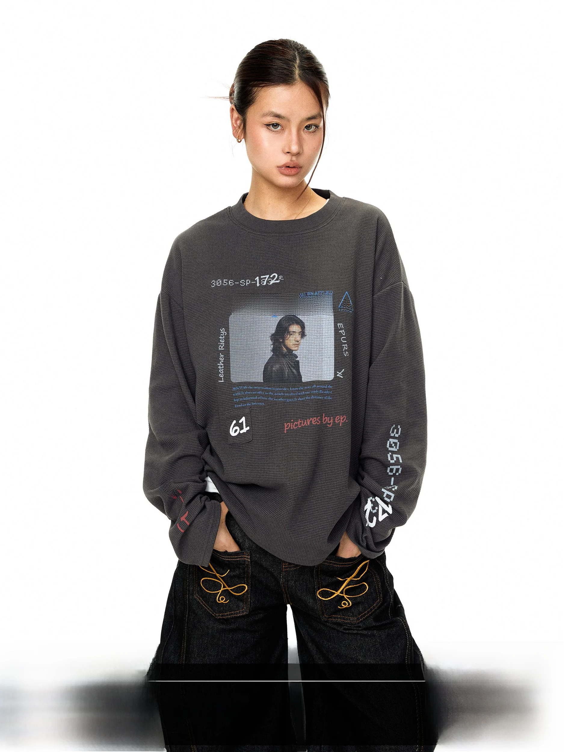 Blackbb Retro Waffle Pattern Printed Loose Fit round Neck Long Sleeve T-Shirt Women's American Style Casual Sweatshirt
