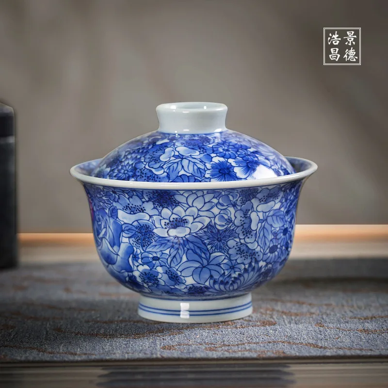 

Jingdezhen Handmade High-End Antique Porcelain Million Flowers Tureen Single Hand Painted Brewing Bowl Two-Piece Set