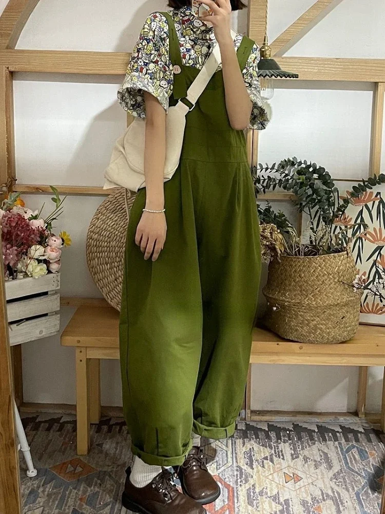 

Wide Leg Strap Jumpsuits Women Casual Green Solid Ankle Length Baggy Streetwear Harajuku Students Preppy Japanese Style Mujer