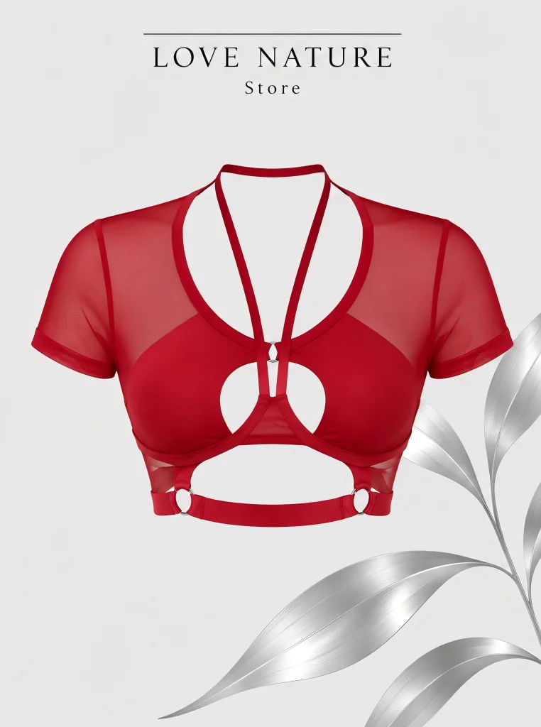 【LOVE NATURE Store】Women’s Red Mesh Cutout Crop Top, Strappy Short Sleeve Bustier Top