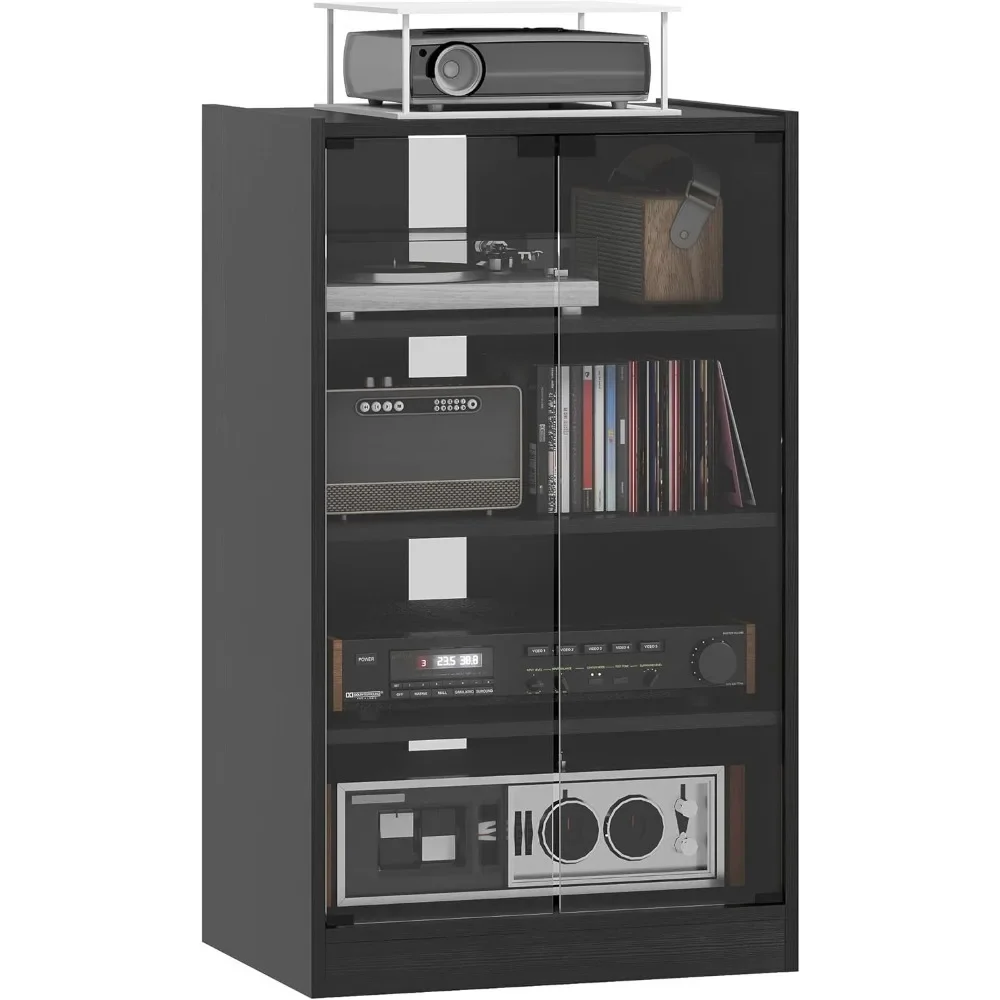

media cabinet, 4-tier stereo cabinet, record player stand with vinyl record storage, adjustable shelves, tempered glass doors a