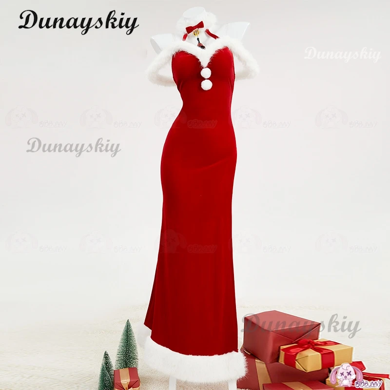 Women Red Christmas Cosplay Costume Women Lingerie Dress Plush High Split Backless Long Dress with Hat Gloves Customized