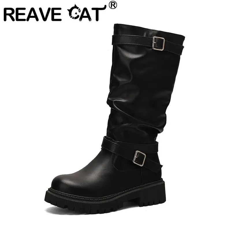 

REAVE CAT Сапоги до середины икры для девочек с круглым носком 4,5 см, толстый каблук 3 см, платформа без шнуровки с пряжкой на ремне, большие размеры 41 42 43 Повседневная повседневная обувь Bota