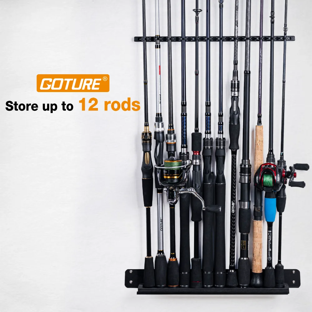 Goture 2Set 12 Holes Fishing Rod Holders Vertical Wall Rod Rack 90° Rotatable Adjustable Buckle  Easy Installation Rod Racks