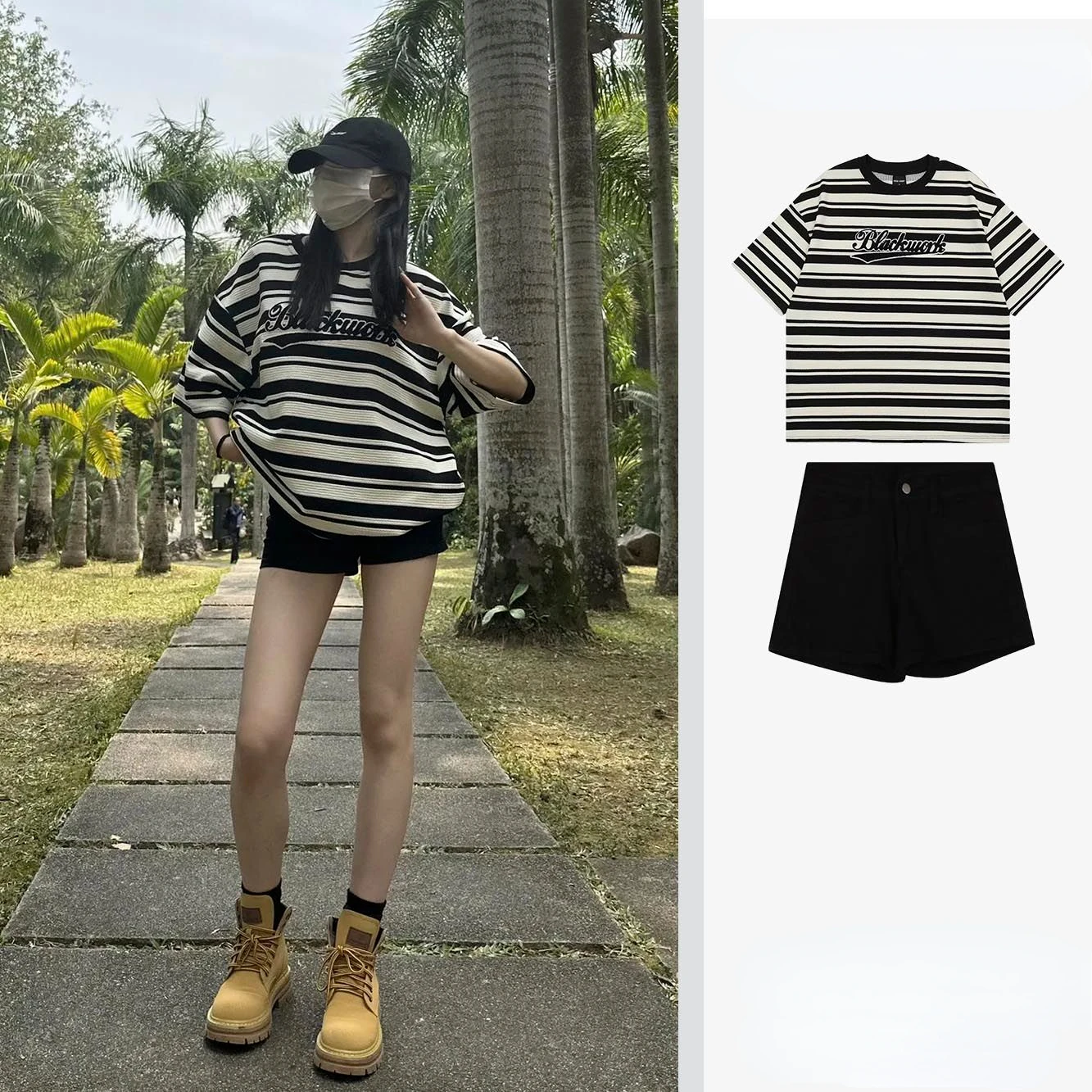 Petite Sportswear Summer American Vintage Black and White Clashing Stripe Short Sleeve T-shirt High Waisted Jeans Suit