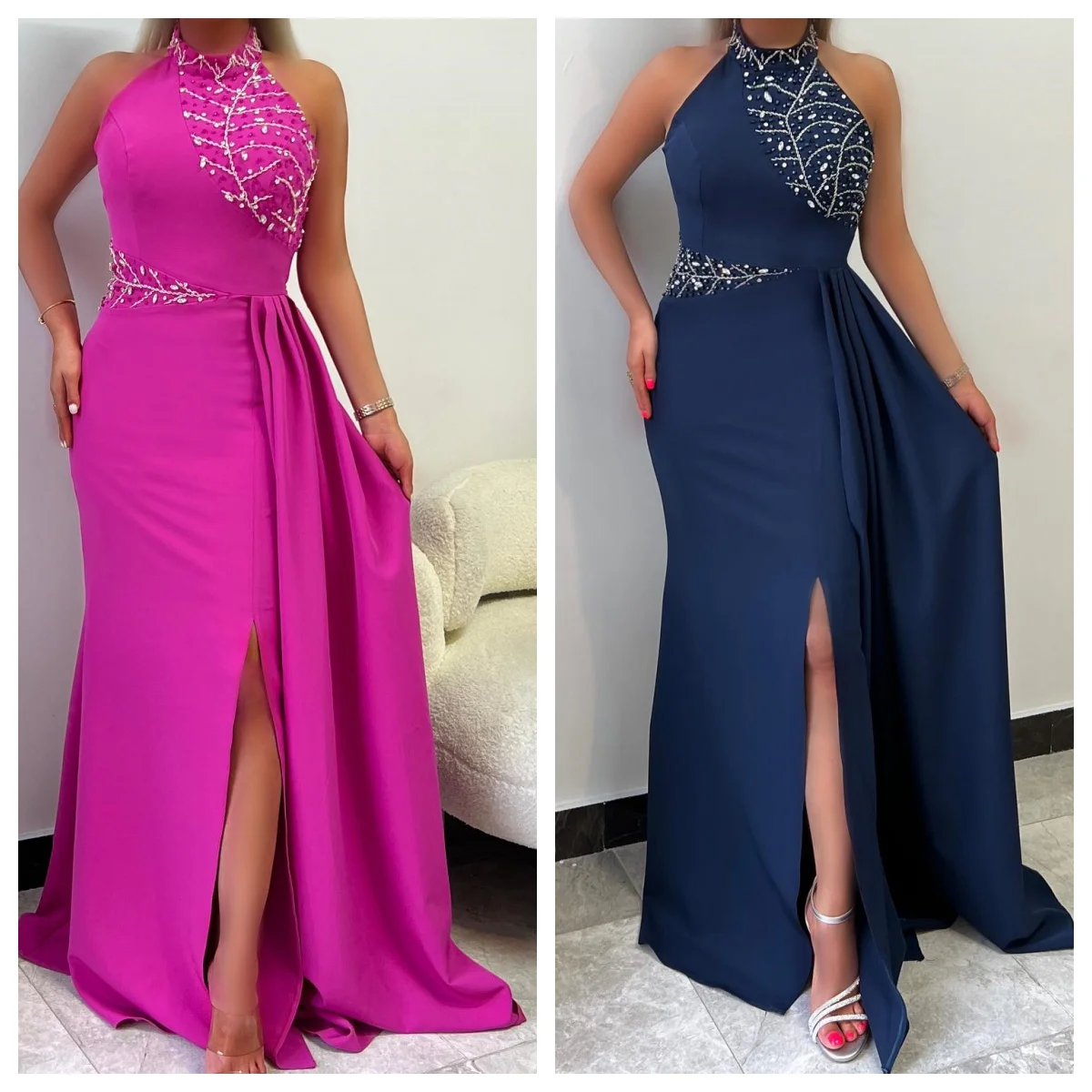 Вечернее платье из джерси по индивидуальному заказу, изысканные вечерние платья без рукавов с высоким воротником и кристаллами, классическое платье со шлейфом для особых случаев