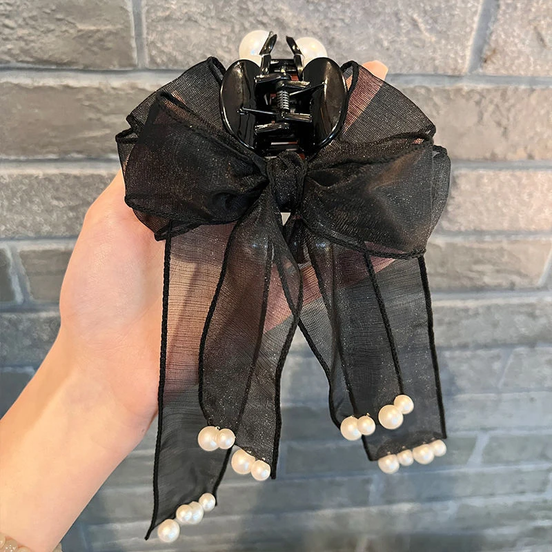 

Large Bow Pearl Hair Grab Clip Super Fairy Gauze Ribbon Shark Pin For Women Back Of Head Hair Accessories