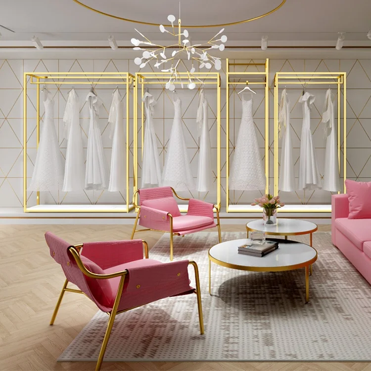 Ready to ship luxury wedding store furniture stainless steel gold wedding dress hanger long dress clothing display stand