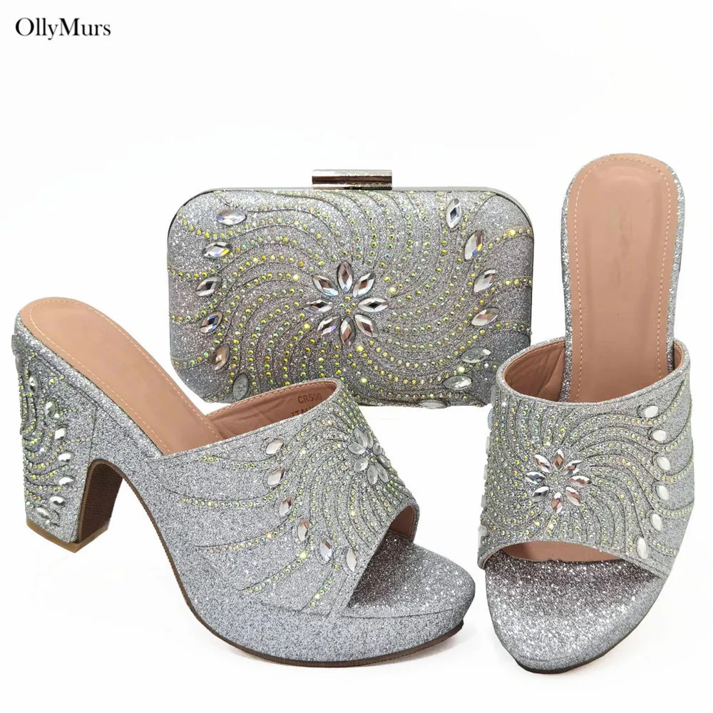 Mais novo verão cor verde feminino chinelo sapatos e saco conjunto para festa à noite sapatos de salto alto senhoras elegantes e conjunto saco