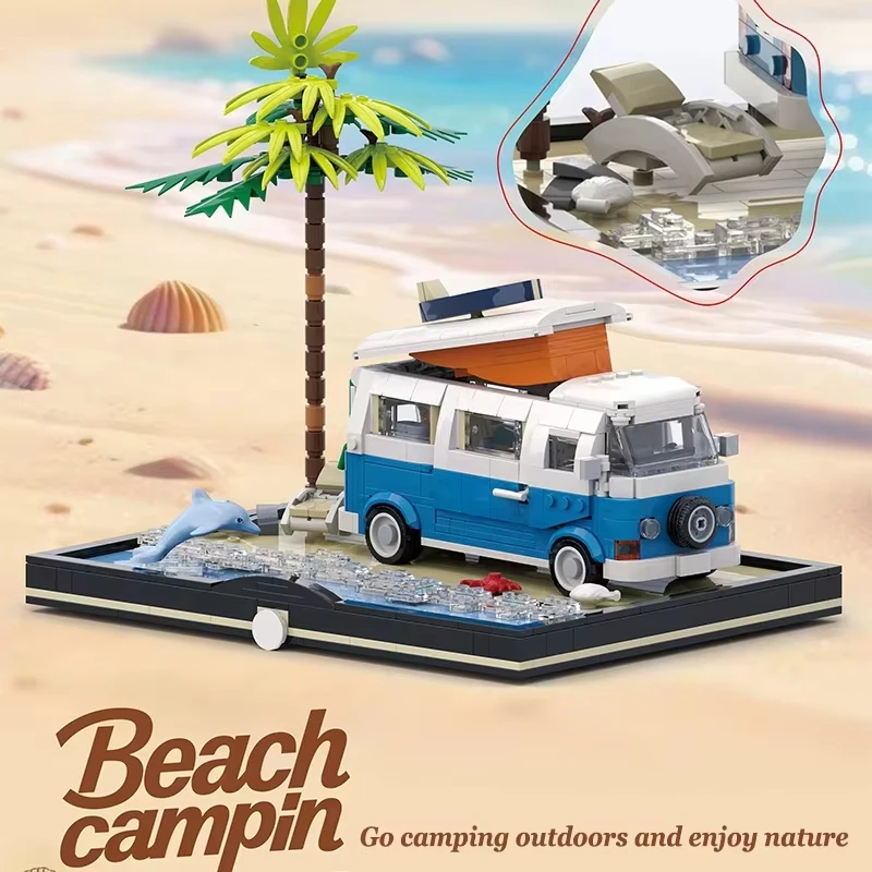2026 Nieuwe MOC Strand Camperbus Bouwstenen Set Retro camper Vakantie recreatie t2 kamperen RV Sets Model Steentjes Speelgoed Kindercadeau