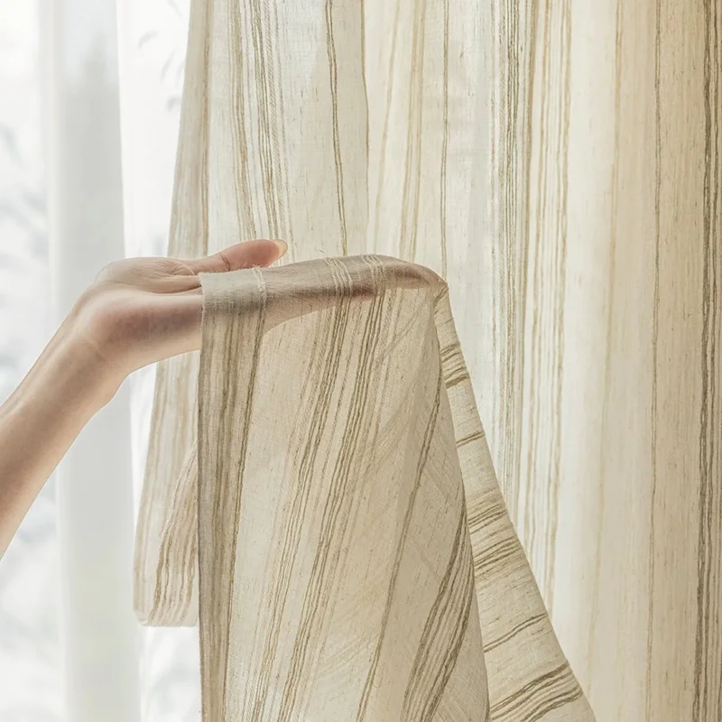 Modern Vertical Stripe Cotton Linen Voile Sheer Curtain, Light Filtering Semi Privacy Tulle for Living Kids Room Curtains tulle