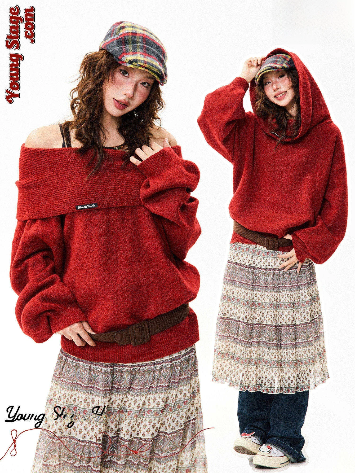 

Новый зимний свитер Young Stage на одно плечо, женский, в стиле ретро, ярко-красный, вязаный, теплый, утолщенный, с длинными рукавами, с круглым вырезом.