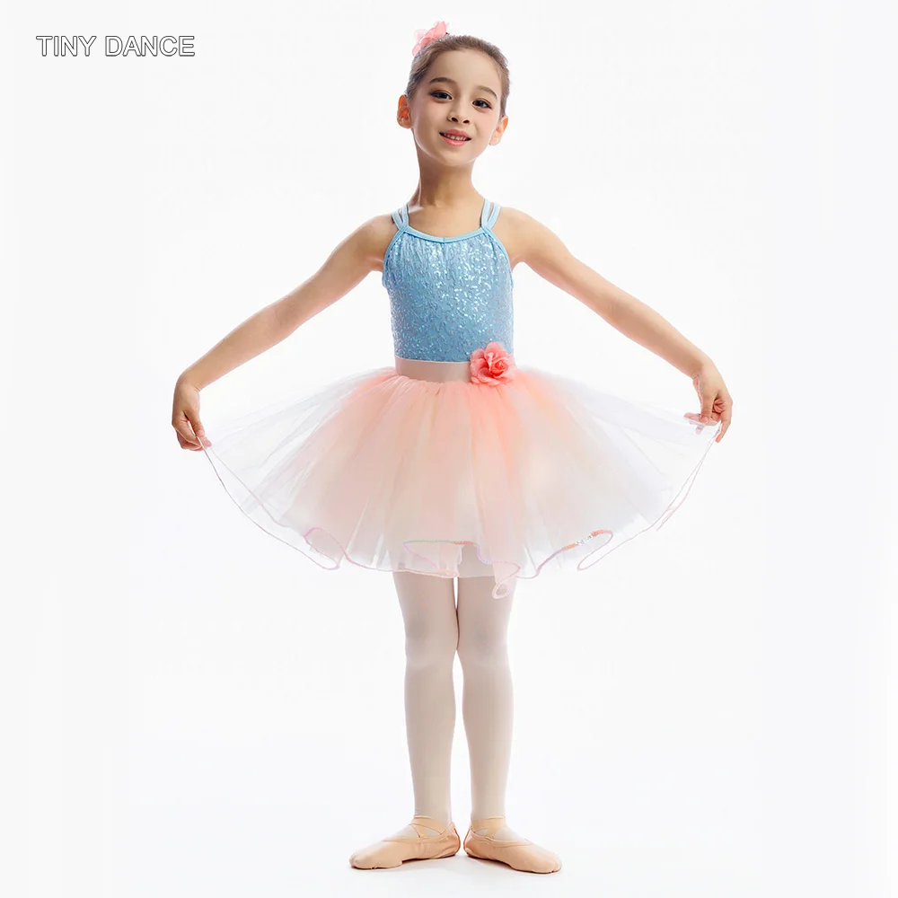 Traje de tutú de ballet para niños azul cielo con tirantes dobles vestido camisola corpiño de LICRA con lentejuelas y falda rosa para niñas 25020