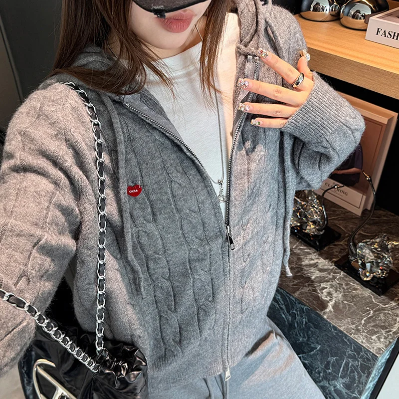 Korean Hooded Twist Knitted Cardigans Women 2026 Chic Zipper Up Long Sleeve Sweater Cardigans Autumn Winter Soft Warm Cardigans