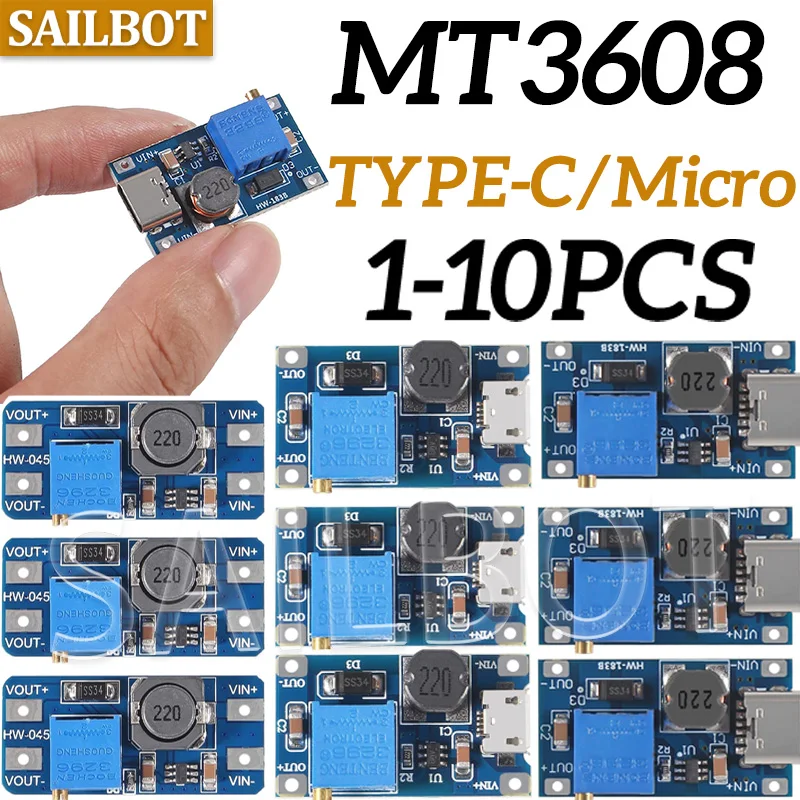 1-10PCS MT3608 type-c/micro 2A Max DC-DC Step Up Power Module Booster Power Module 3-5V to 5V/9V/12V/24V