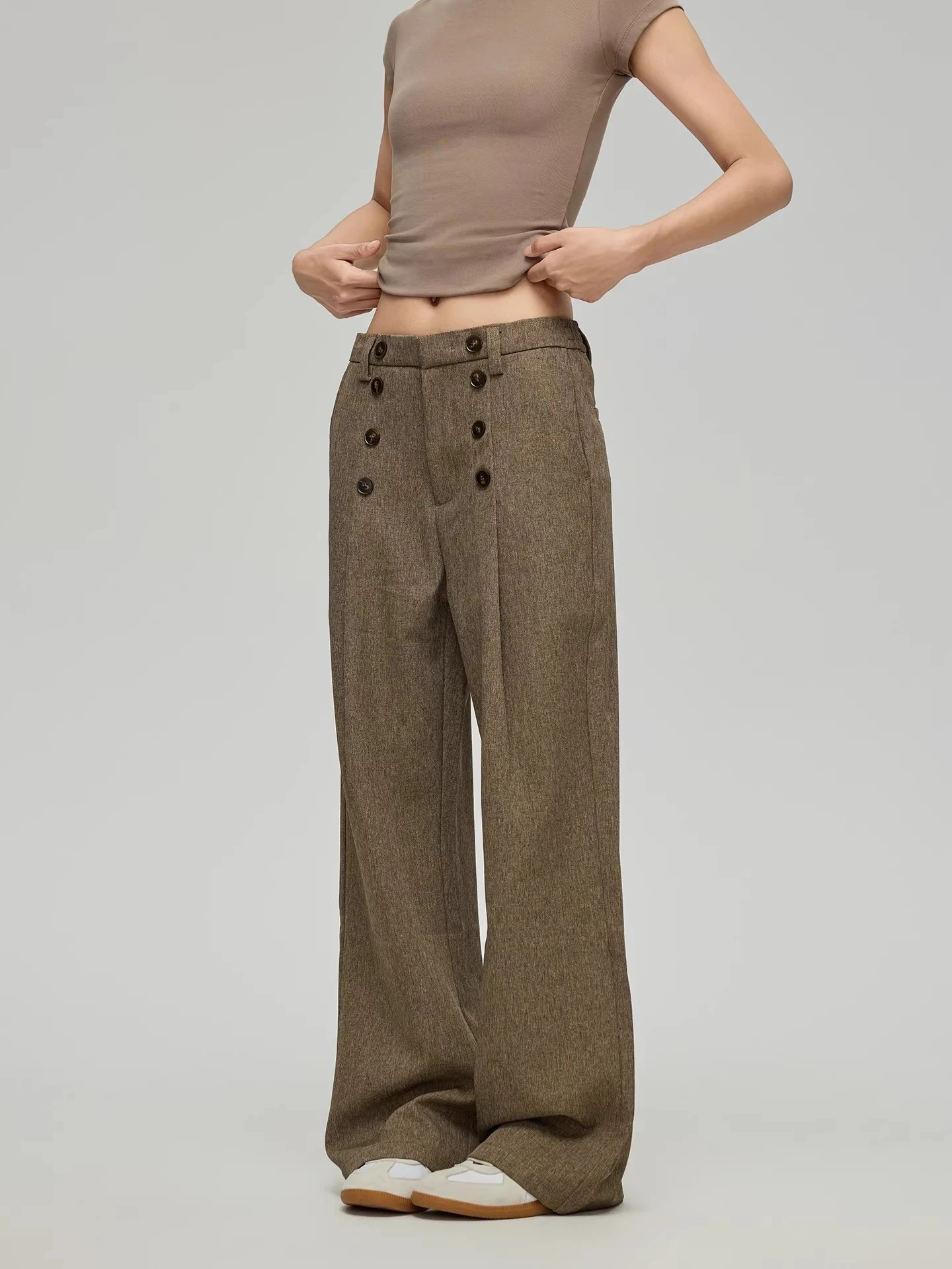 Calças Casuais de Corte Reto com Pernas Largas para Mulheres, Calças de Terno Sem Necessidade de Passar, Com Botões Duplos Decorativos, Estilo Old Money, Calças de Lazer