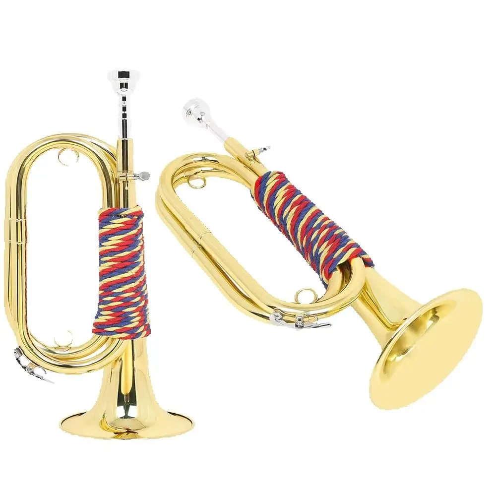 Bb Flat Bugle Gold Lacquer Brass Military Bugle Includes Cloth Bag Mouthpiece Cap & Gloves Ideal for Ceremony Training Tools