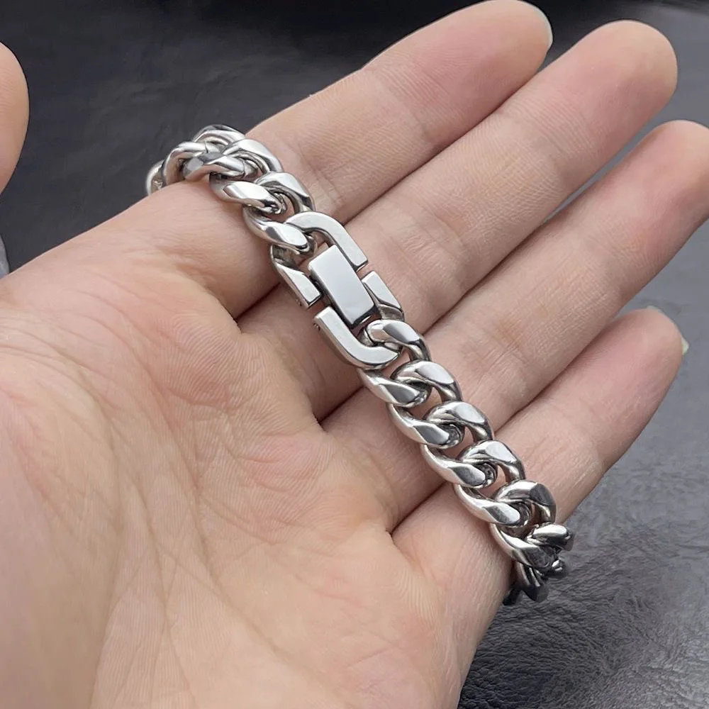 

10MM Mens Hip Hop Rock 316L Stainless Steel Curb Cuban Link Chain Silver Plated Bracelet For Boys Dad Boyfriend Husband Jewelry