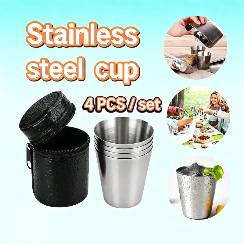 4pcs/set 30ML Stainless Steel Cups Set Outdoor Portable Glass Set With Leather Case Mini Glasses