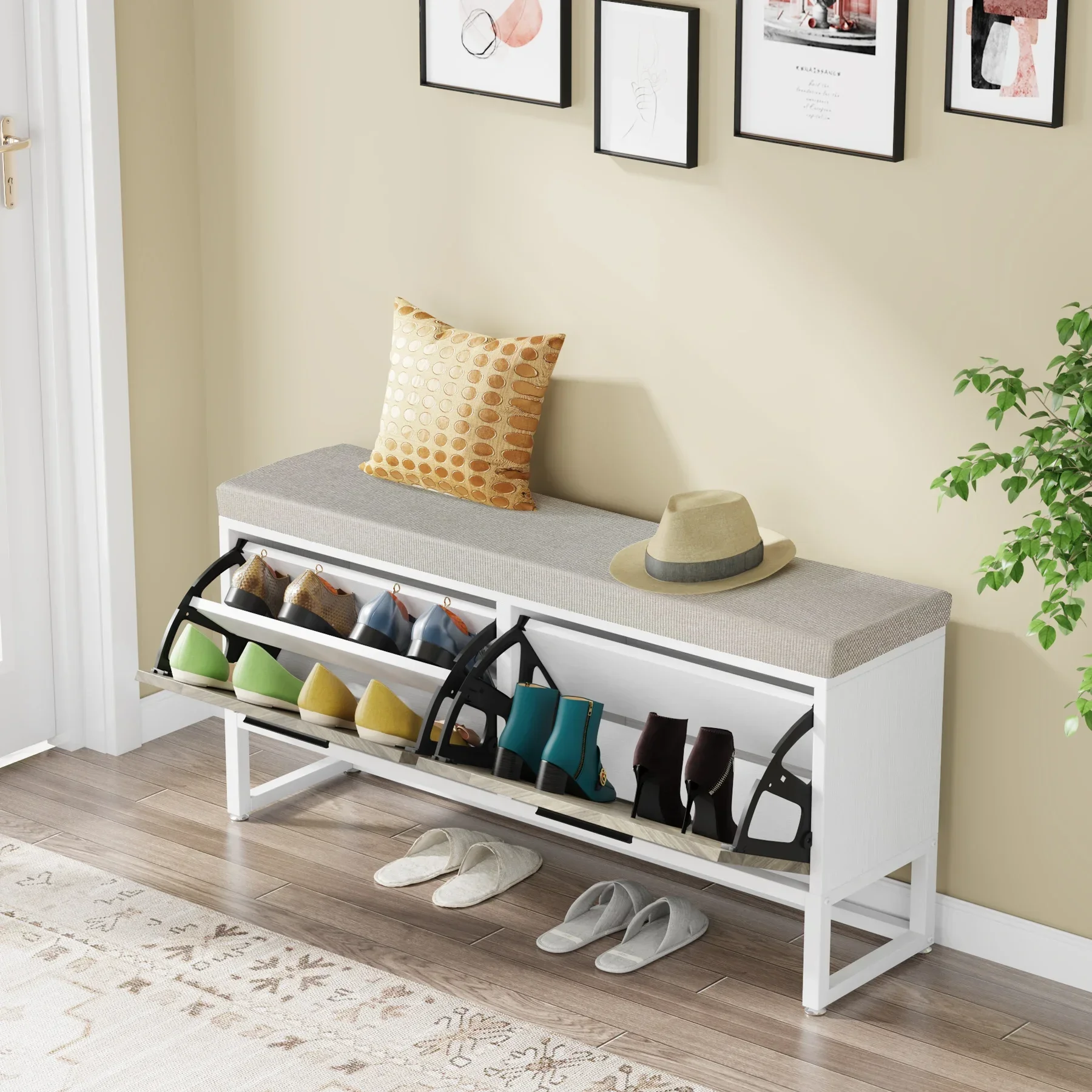 Tribesigns Shoe Storage Bench with Seat Cushion, Entryway Shoe Bench with 2 Flip Drawers, Hallway Bench with Shoe Storage