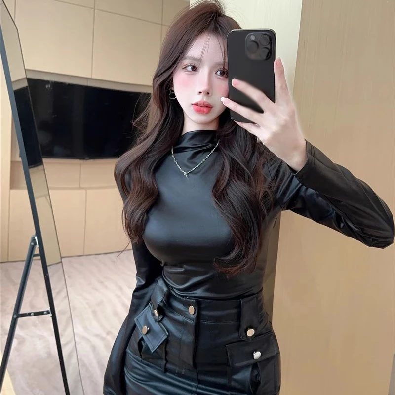 Women Fashion Glossy Half-Height Neck Slim Fit Fashion Versatile Long Sleeve T-Shirt Top