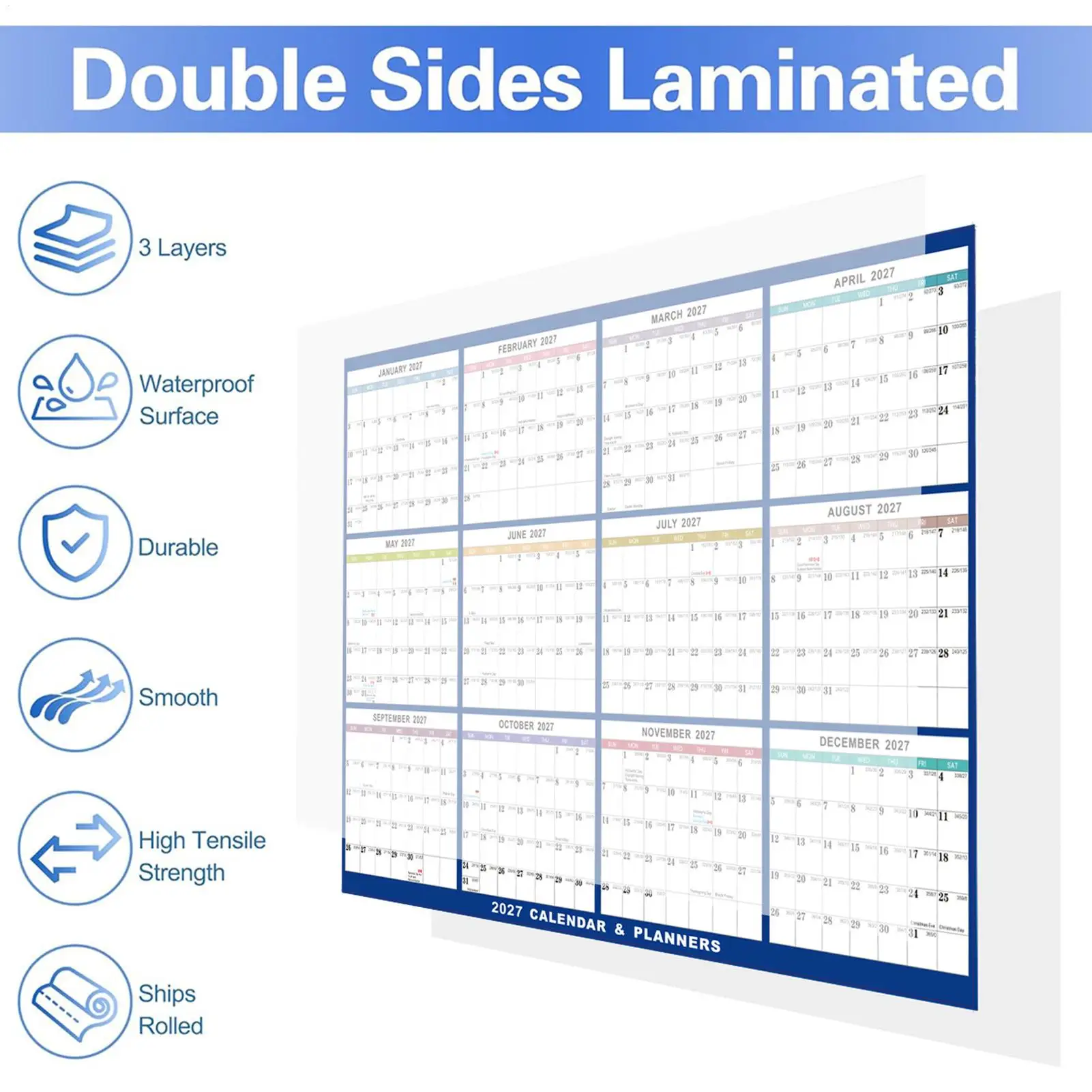 2027 Poster Calendar Single Wall Mounted Double-sided Adhesive Calendar Waterproof Erasable Thick Paper Large Monthly Planner