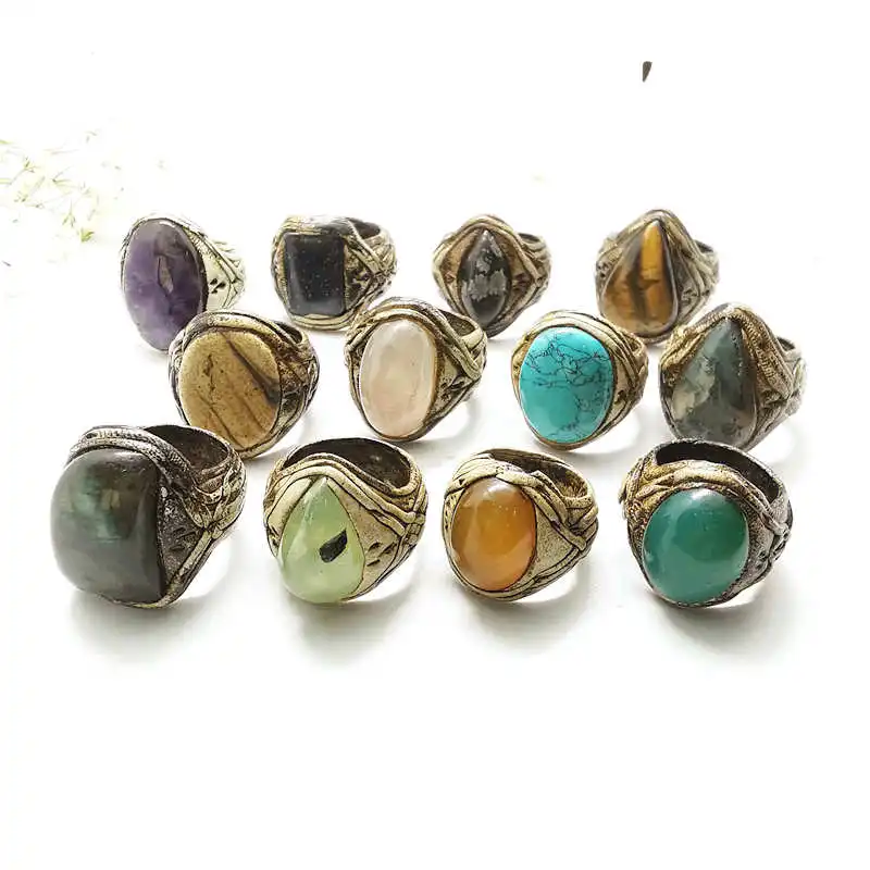Vintage Ethnic Handmade Clay Rings Inlaid Natural Stone Lovely Rings Crystal Agates Labradorite R037