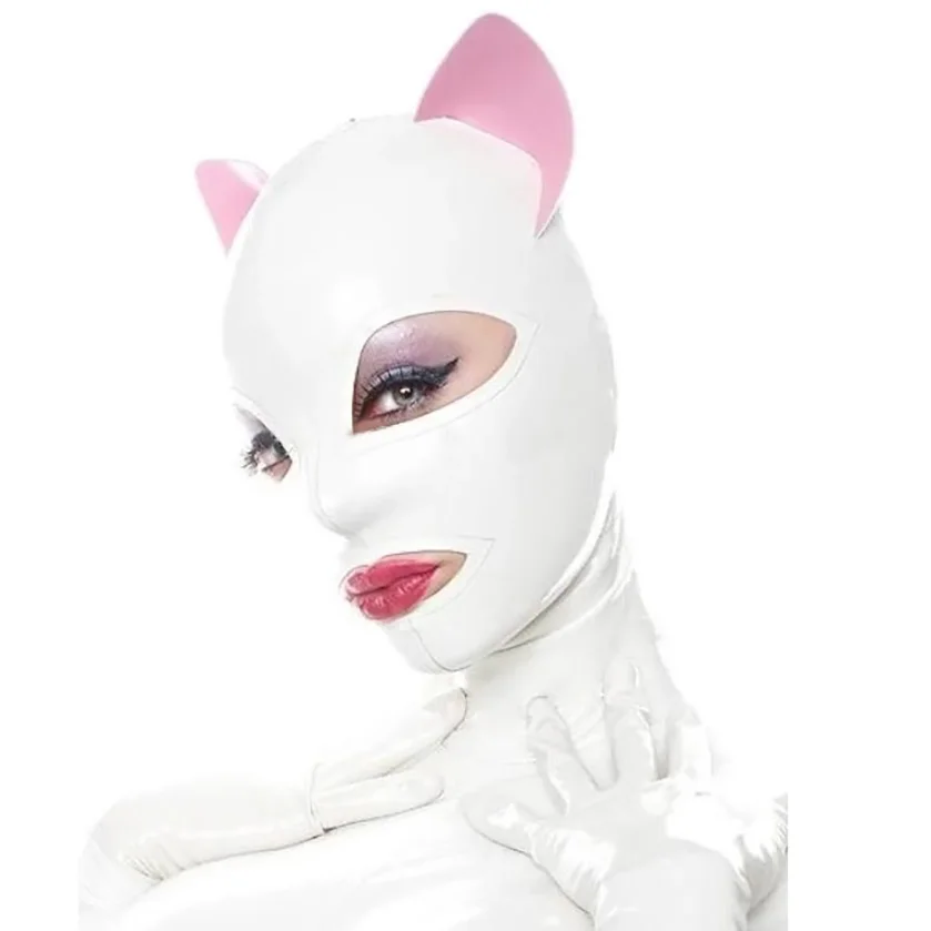 Sexy White Latex Gummi Rubber Cat Women Men Anime Cosplay Mask with Ears Custom Size Costumes Handmade Headpiece RLM214