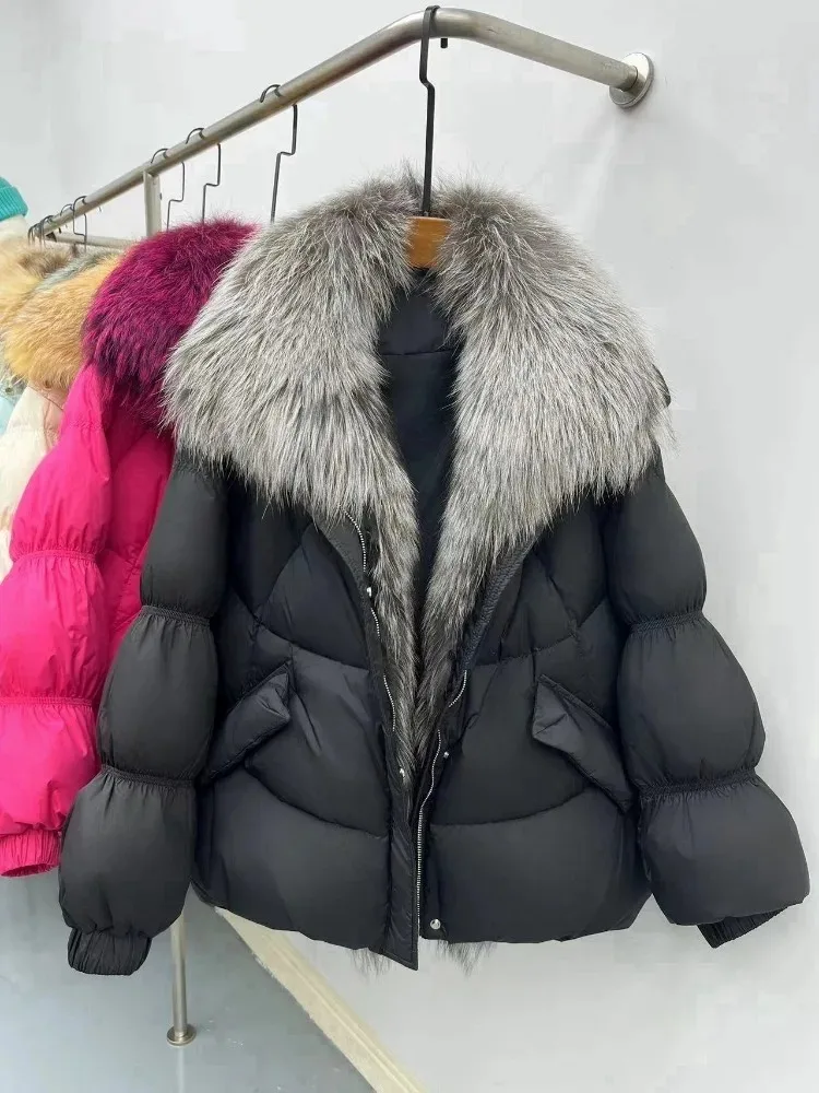 2025 신상 겨울 캐주얼 두꺼운 따뜻한 패딩 코트 파카 진짜 큰 천연 여우털 칼라 오리털 재킷 여성용